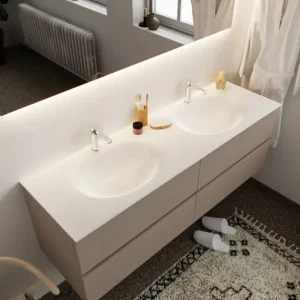 Weekendaanbieding Mondiaz Vica 150cm badmeubel smoke 4 lades wastafel Moon dubbel met 2 kraangaten