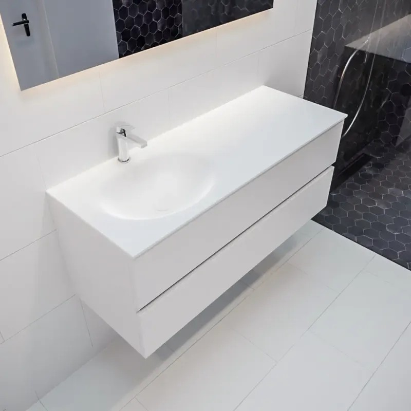 Voordeelprijs Mondiaz Vica 120cm badmeubel talc 2 lades wastafel Moon links met 1 kraangat