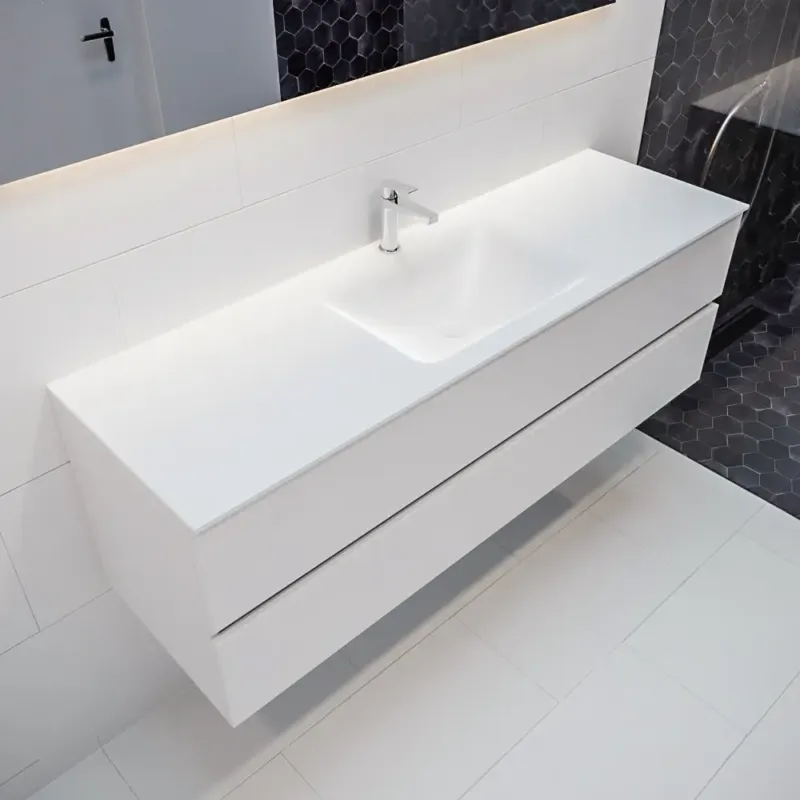 Mondiaz Vica 150cm badmeubel talc 2 lades wastafel Cloud midden met 1 kraangat Betrouwbaar