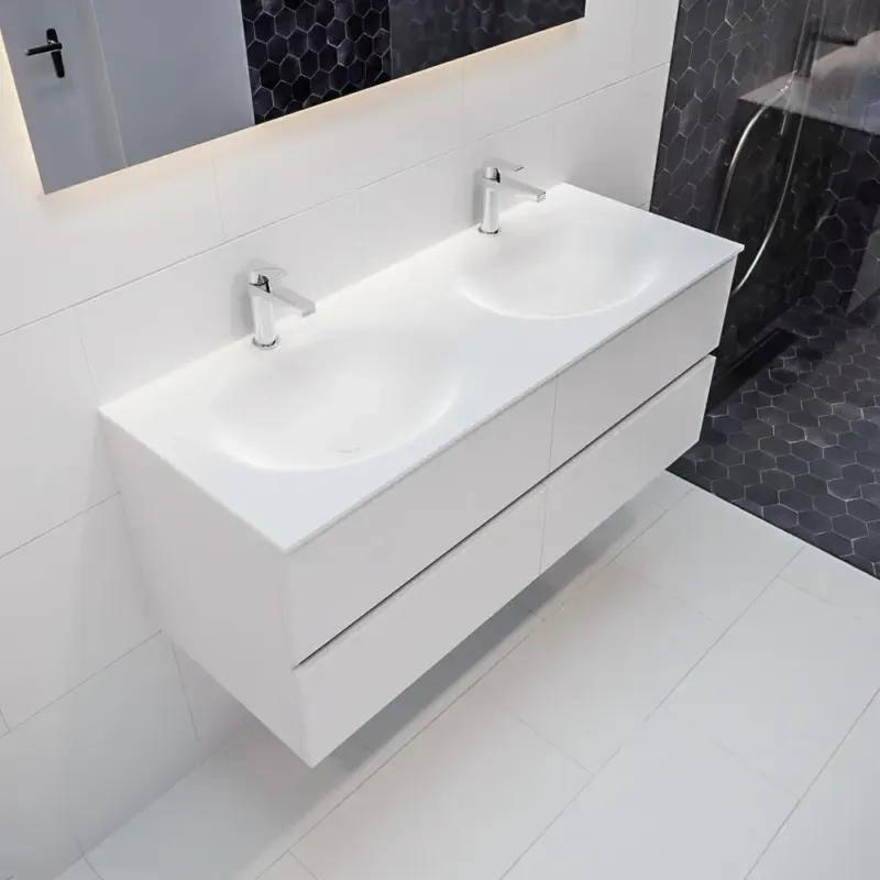 Mondiaz Vica 120cm badmeubel talc 4 lades wastafel Moon dubbel met 2 kraangaten Flitsaanbieding