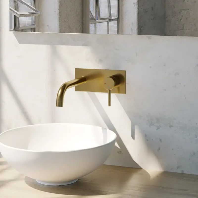 Brauer Gold Edition ColdStart wastafelkraan inbouw gebogen uitloop met achterplaat model A1 geborsteld messing PVD Beperkte Voorraad