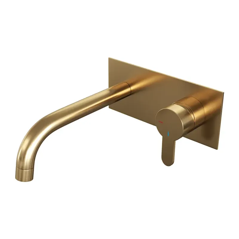 Brauer Gold Edition ColdStart wastafelkraan inbouw gebogen uitloop met achterplaat model D1 geborsteld messing PVD Voordeelprijs