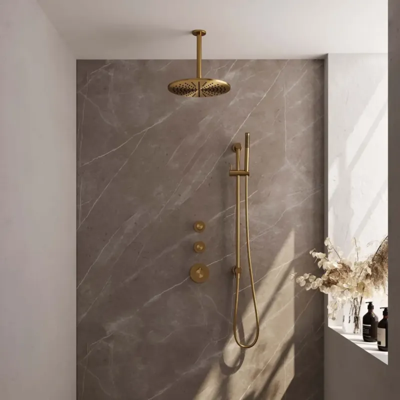 Brauer Gold Edition complete inbouw regendouche met staafhanddouche, plafondarm, glijstang en hoofddouche 30cm set 18 messing geborsteld PVD Beperkt Aanbod