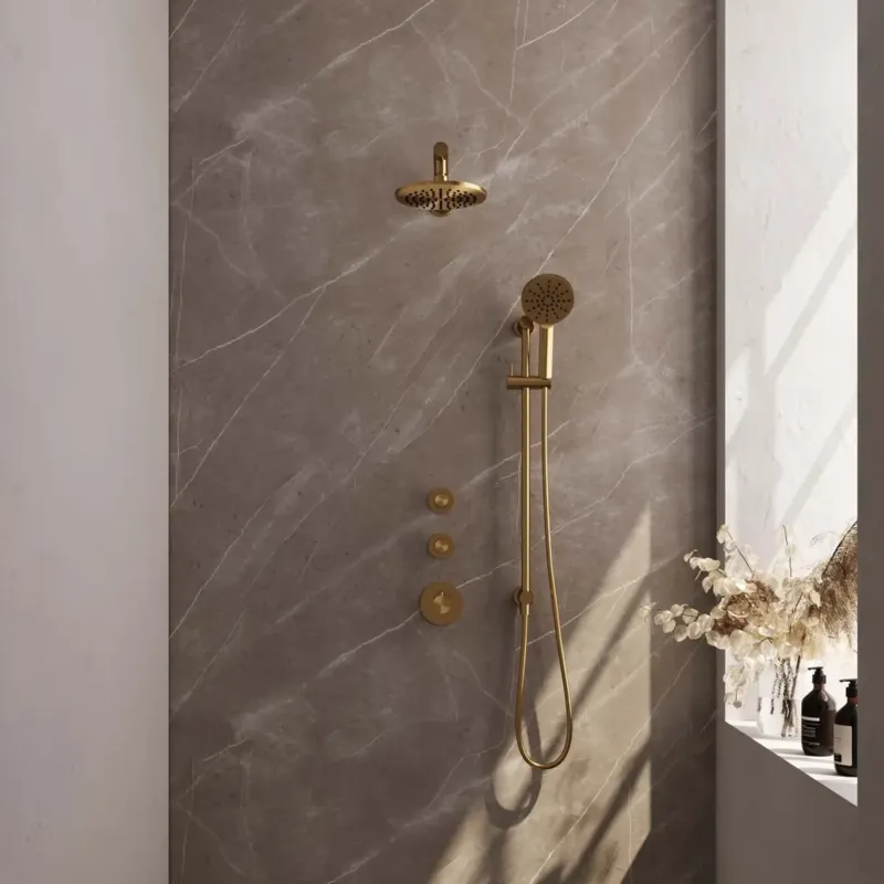 Brauer Gold Edition complete inbouw regendouche met 3 standen handdouche, rechte wandarm, glijstang en hoofddouche 20cm set 19 messing geborsteld PVD Direct Verzonden