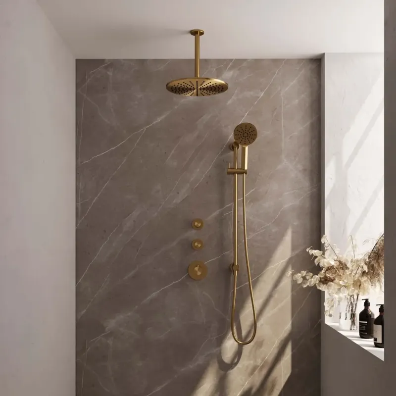 Tijdelijk Beschikbaar Brauer Gold Edition complete inbouw regendouche met 3 standen handdouche, plafondarm, glijstang en hoofddouche 30cm set 24 messing geborsteld PVD