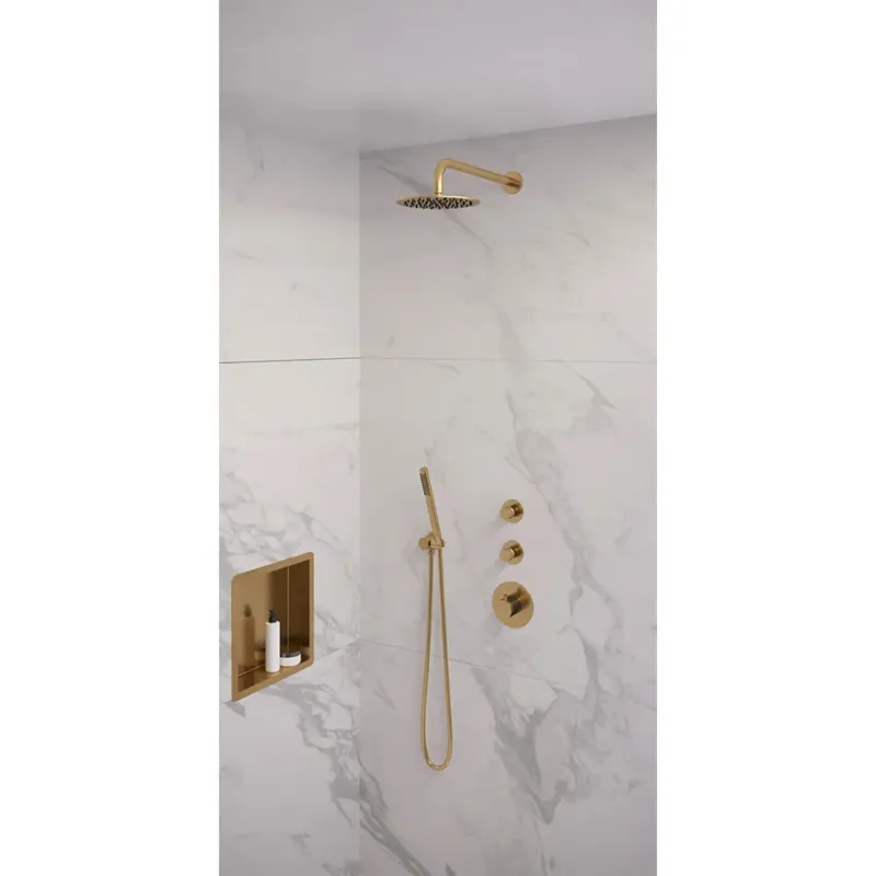 Korting Brauer Gold Edition complete inbouw regendouche met staafhanddouche, gebogen wandarm en hoofddouche 20cm set 3 messing geborsteld PVD