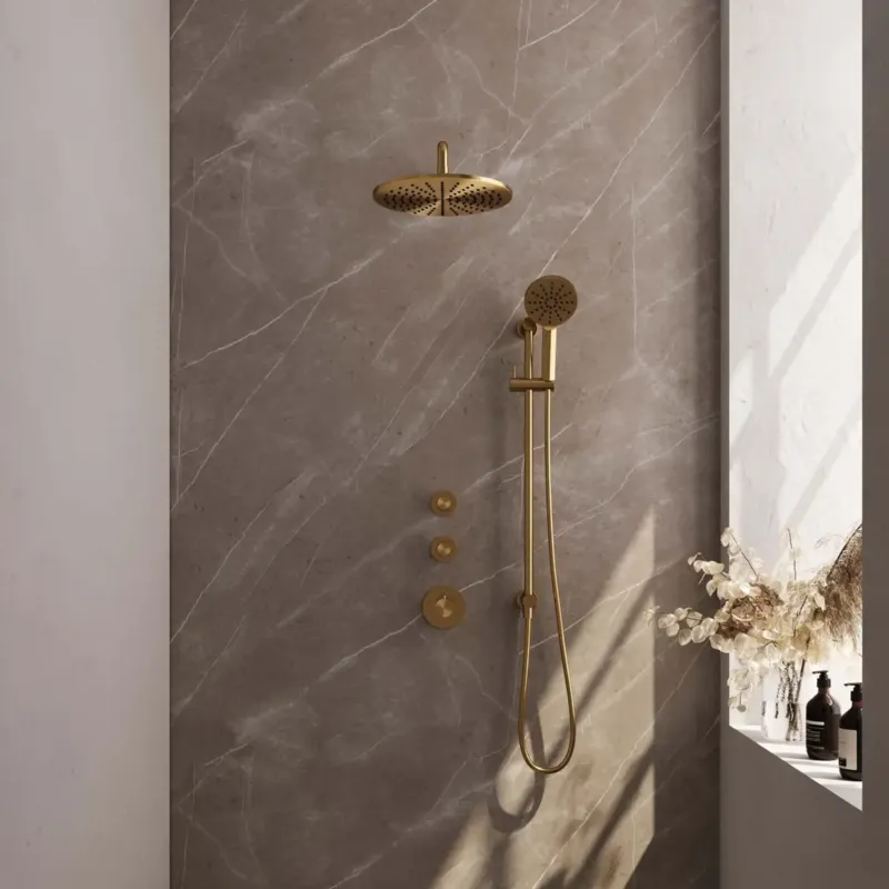 Brauer Gold Edition complete inbouw regendouche met 3 standen handdouche, gebogen wandarm, glijstang en hoofddouche 30cm set 22 messing geborsteld PVD Direct Verzonden