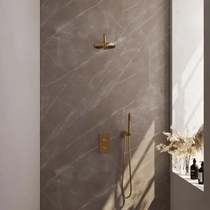 Brauer Gold Edition complete inbouw regendouche met staafhanddouche, gebogen wandarm en hoofddouche 20cm set 27 messing geborsteld PVD Finale Uitverkoop
