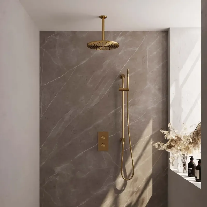 Lage Kosten Brauer Gold Edition complete inbouw regendouche met staafhanddouche, plafondarm, glijstang en hoofddouche 30cm set 42 messing geborsteld PVD