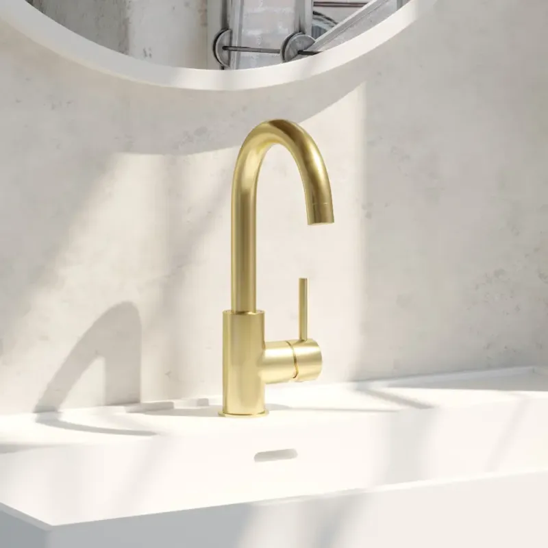 Exclusieve Aanbieding Brauer Gold Edition ColdStart wastafelkraan met draaibare ronde uitloop model A geborsteld messing PVD