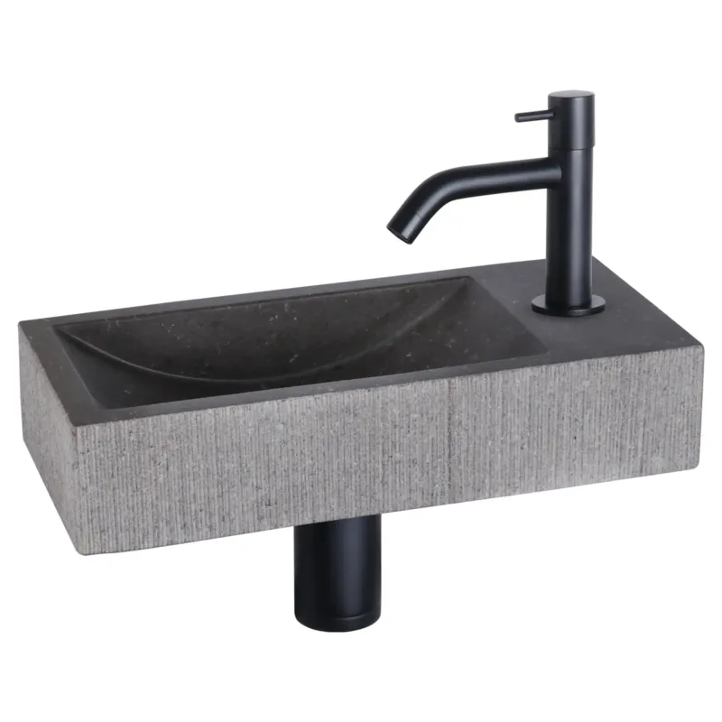 Populair Differnz Ribble fonteinset natuursteen bombai black met gebogen kraan mat zwart