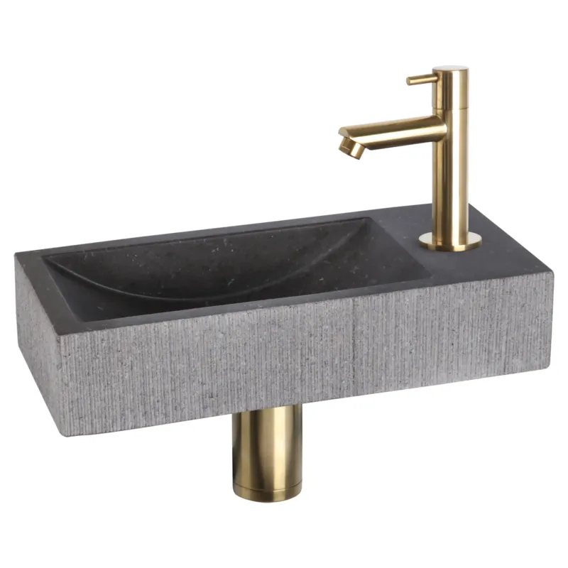 Differnz Ribble fonteinset natuursteen bombai black met rechte kraan mat goud Direct Beschikbaar