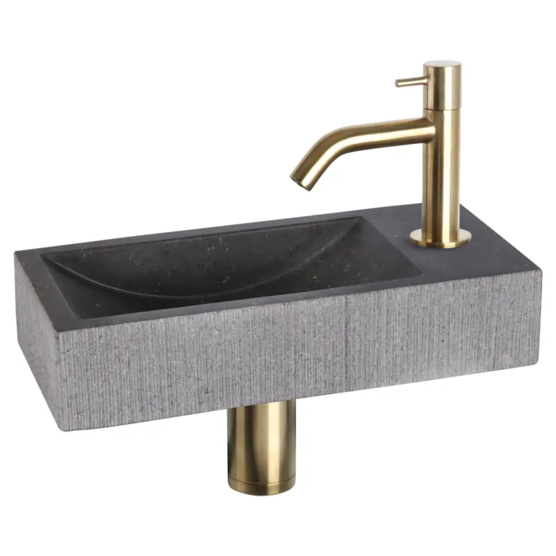 Differnz Ribble fonteinset natuursteen bombai black met gebogen kraan mat goud Aanbieding
