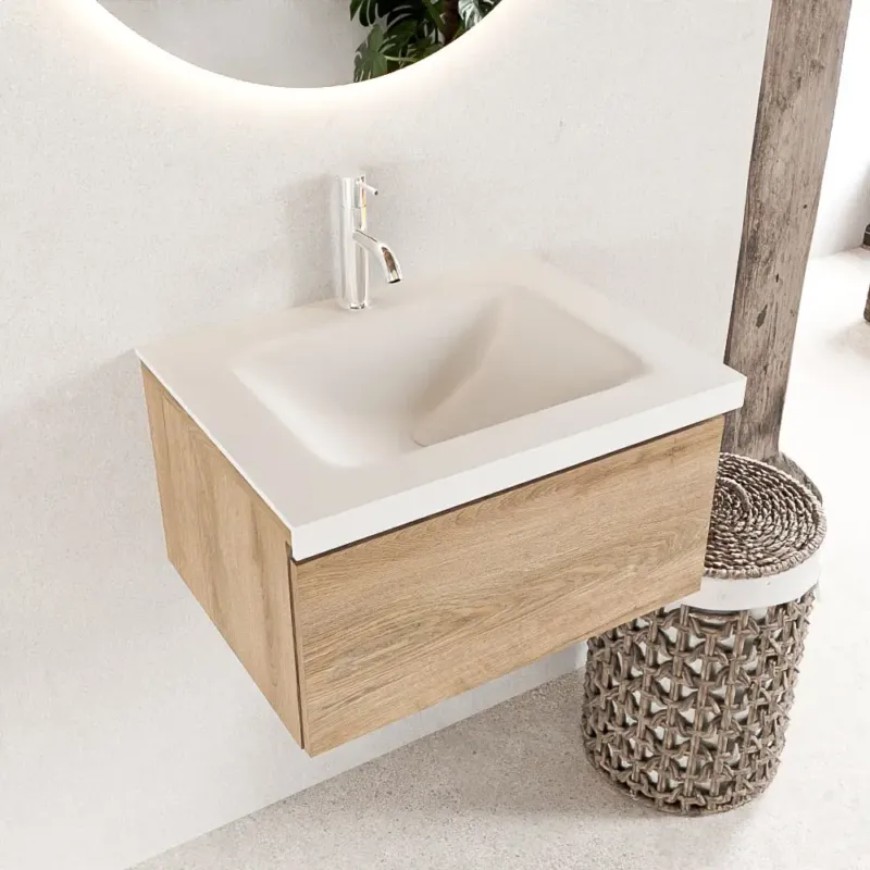 Actieprijs Mondiaz Bukla 60cm badmeubel Washed Oak met 1 lade wastafel Cloud midden 1 kraangat Talc