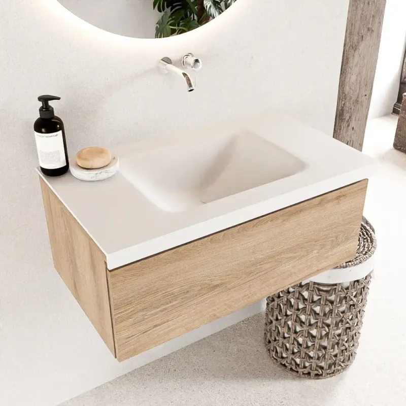 Actieprijs Mondiaz Bukla 80cm badmeubel Washed Oak met 1 lade wastafel Cloud midden 0 kraangaten Talc