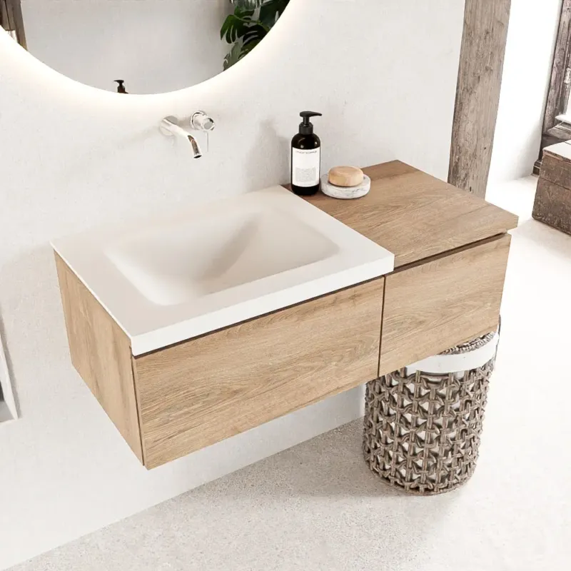 Mondiaz Bukla 100cm badmeubel met module 40 Washed Oak met 2 lades wastafel Cloud links 0 kraangaten Talc Must-Have