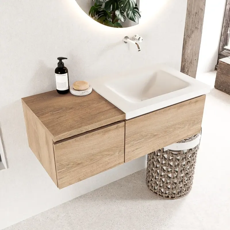 Veilige Betaling Mondiaz Bukla 100cm badmeubel met module 40 Washed Oak met 2 lades wastafel Cloud rechts 0 kraangaten Talc
