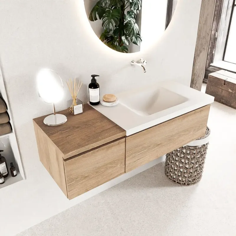 Aanbieding Mondiaz Bukla 120cm badmeubel met module 40 Washed Oak met 2 lades wastafel Cloud rechts 0 kraangaten Talc