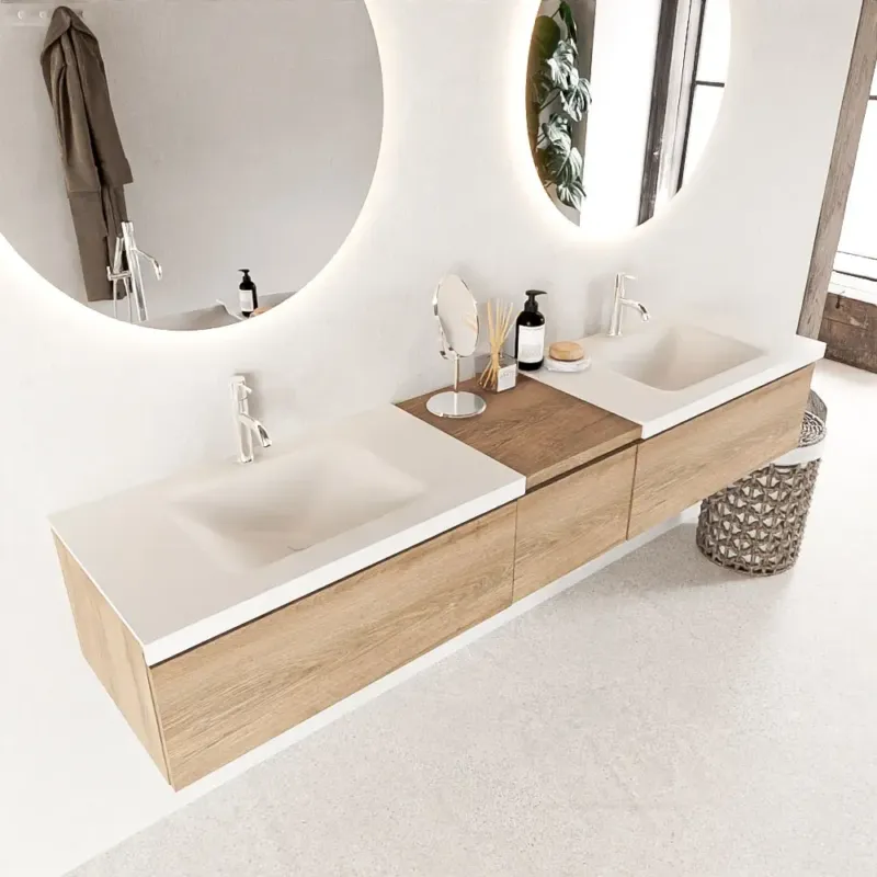 Uitverkoop Mondiaz Bukla 200cm badmeubel met module 40 Washed Oak met 3 lades wastafel Cloud dubbel 2 kraangaten Talc