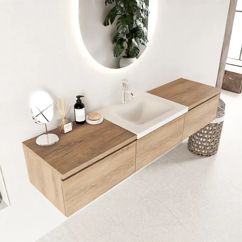 Aanbieding Mondiaz Bukla 180cm badmeubel met module 60 Washed Oak met 3 lades wastafel Cloud midden 1 kraangat Talc