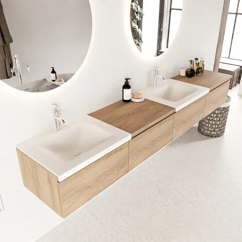 Superprijs Mondiaz Bukla 240cm badmeubel met module 60 rechts Washed Oak met 4 lades wastafel Cloud dubbel 2 kraangaten Talc