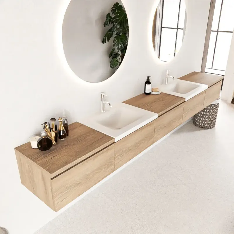 Nieuw Mondiaz Bukla 300cm badmeubel met module 60 Washed Oak met 5 lades wastafel Cloud dubbel 2 kraangaten Talc