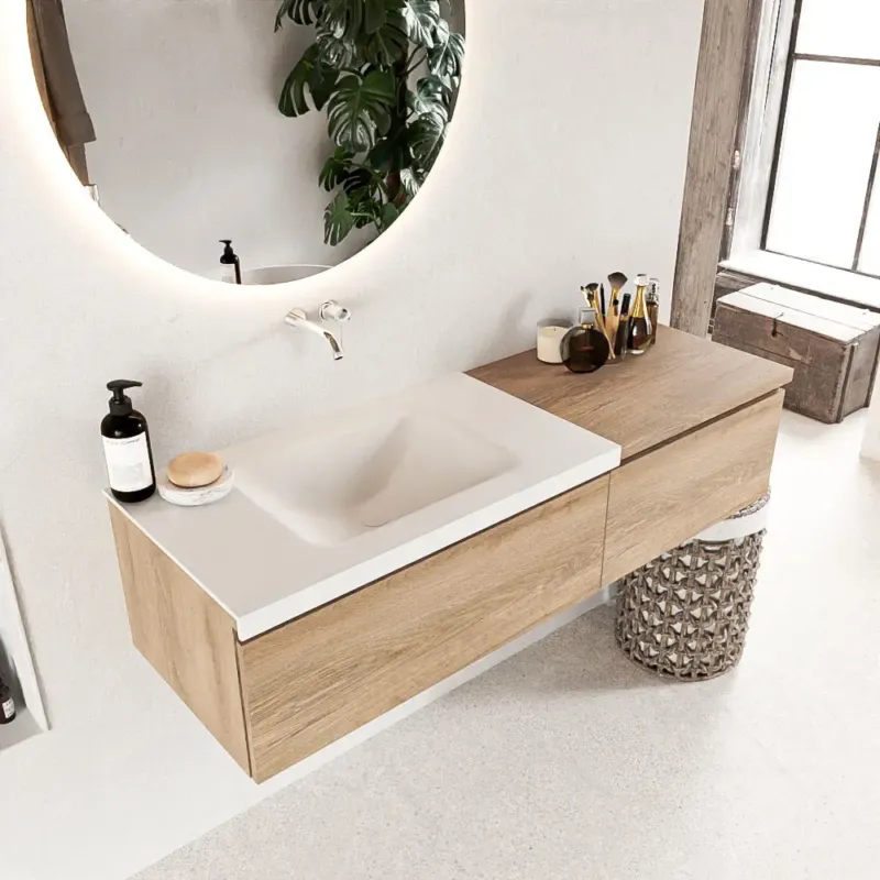 Mondiaz Bukla 140cm badmeubel met module 60 Washed Oak met 2 lades wastafel Cloud links 0 kraangaten Talc Dagaanbieding