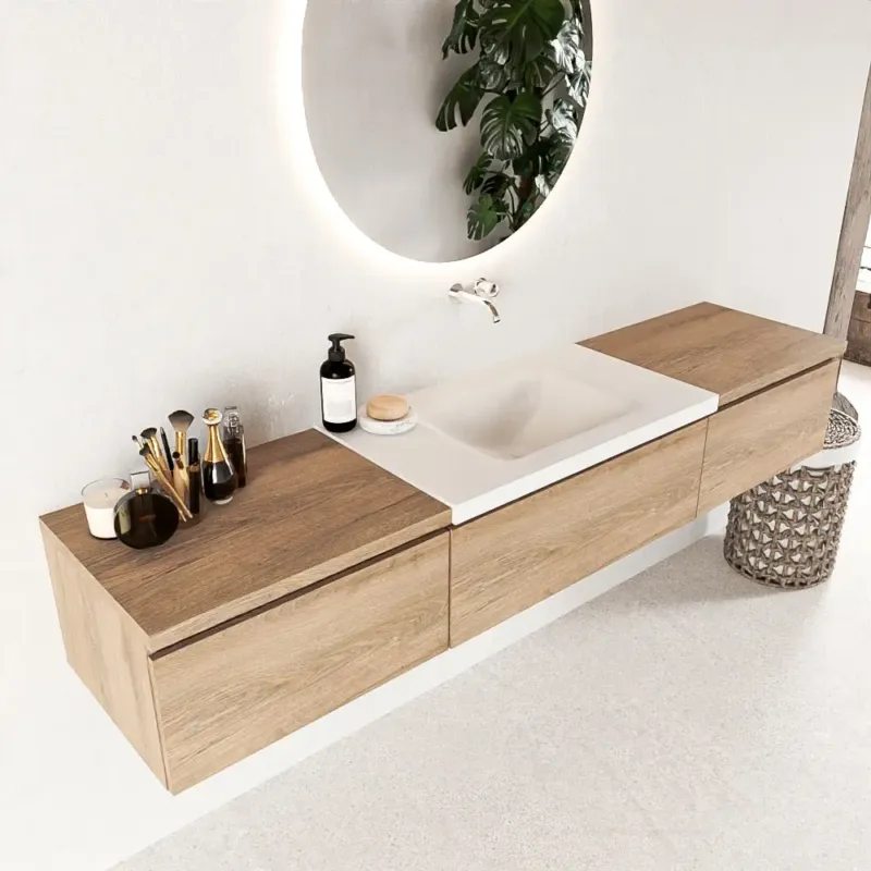 Mondiaz Bukla 200cm badmeubel met module 60 Washed Oak met 3 lades wastafel Cloud midden 0 kraangaten Talc Weekendaanbieding