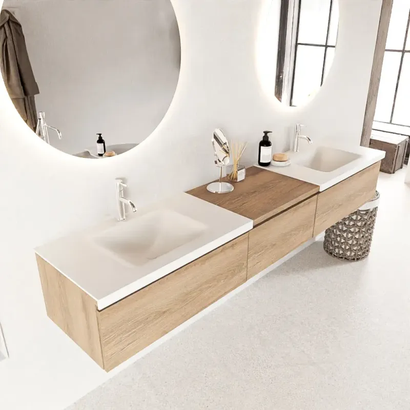 Merkproduct Mondiaz Bukla 220cm badmeubel met module 60 Washed Oak met 3 lades wastafel Cloud dubbel 2 kraangaten Talc