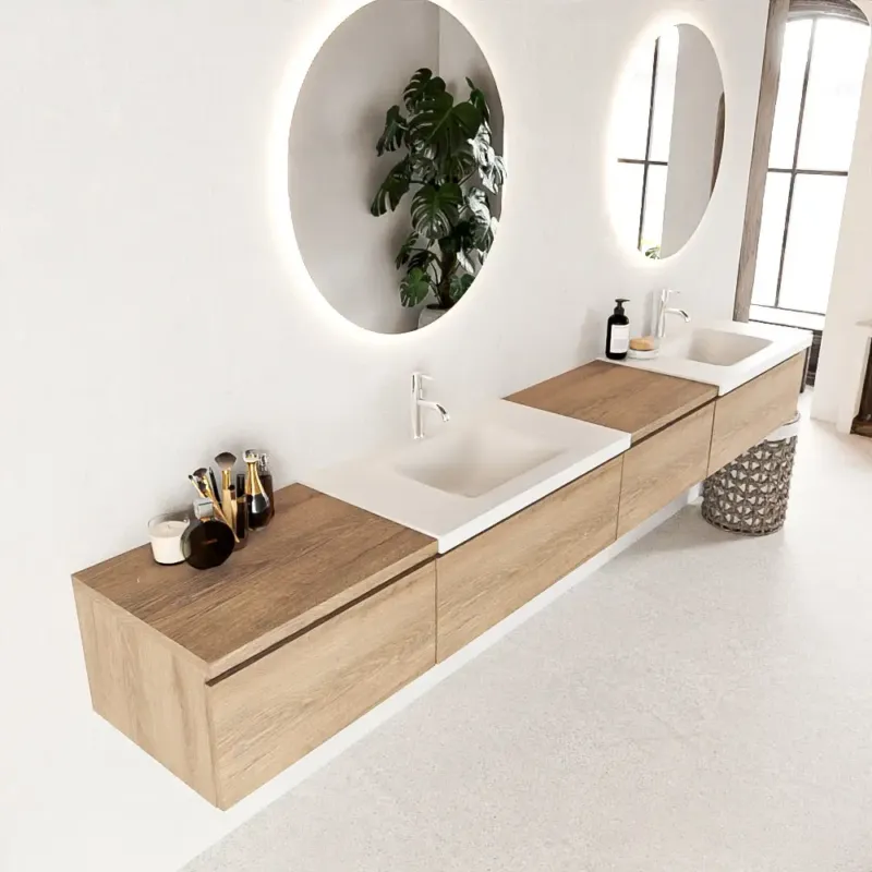 Mondiaz Bukla 280cm badmeubel met module 60 rechts Washed Oak met 4 lades wastafel Cloud dubbel 2 kraangaten Talc Lage Prijs