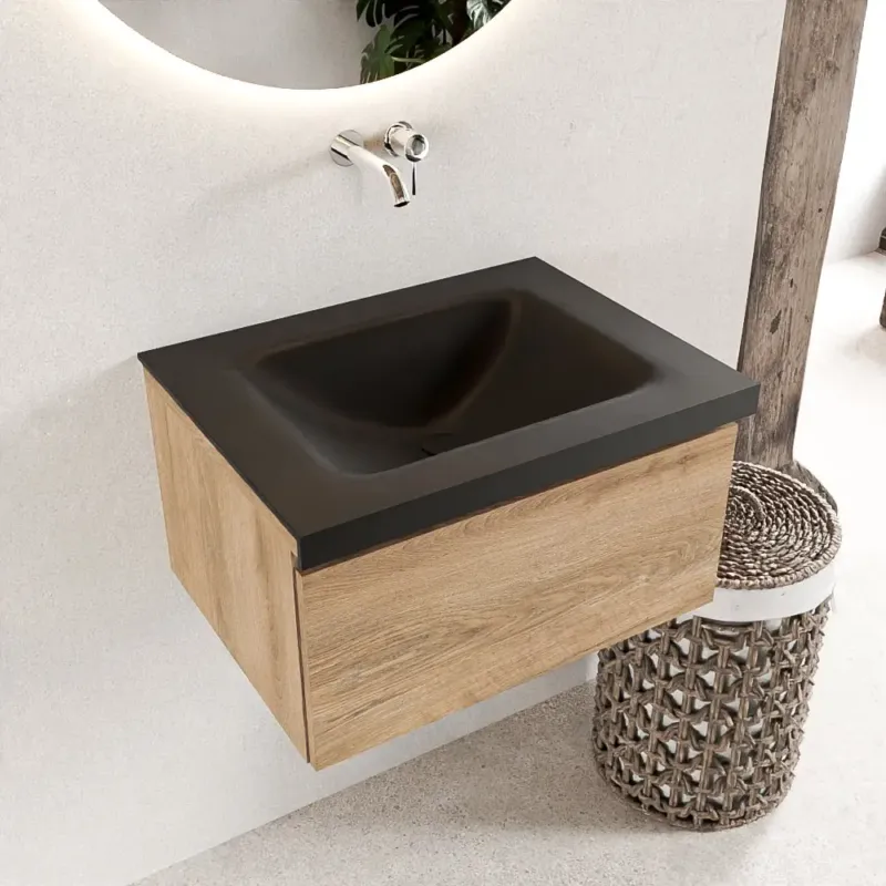 Mondiaz Bukla 60cm badmeubel Washed Oak met 1 lade wastafel Cloud midden 0 kraangaten Urban Premium