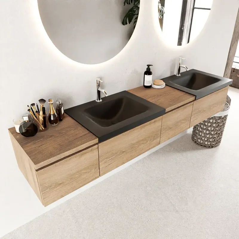 Voordeelprijs Mondiaz Bukla 200cm badmeubel met module 40 rechts Washed Oak met 4 lades wastafel Cloud dubbel 2 kraangaten Urban