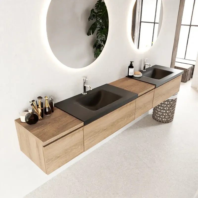 Veilige Betaling Mondiaz Bukla 240cm badmeubel met module 40 rechts Washed Oak met 4 lades wastafel Cloud dubbel 2 kraangaten Urban