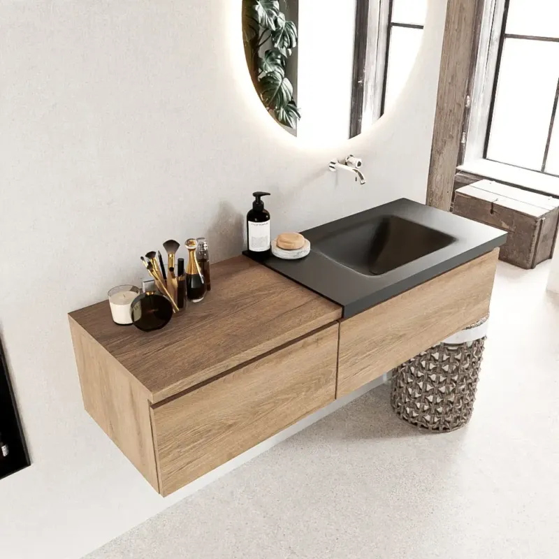 Rechtstreeks Van De Fabrikant Mondiaz Bukla 140cm badmeubel met module 60 Washed Oak met 2 lades wastafel Cloud rechts 0 kraangaten Urban