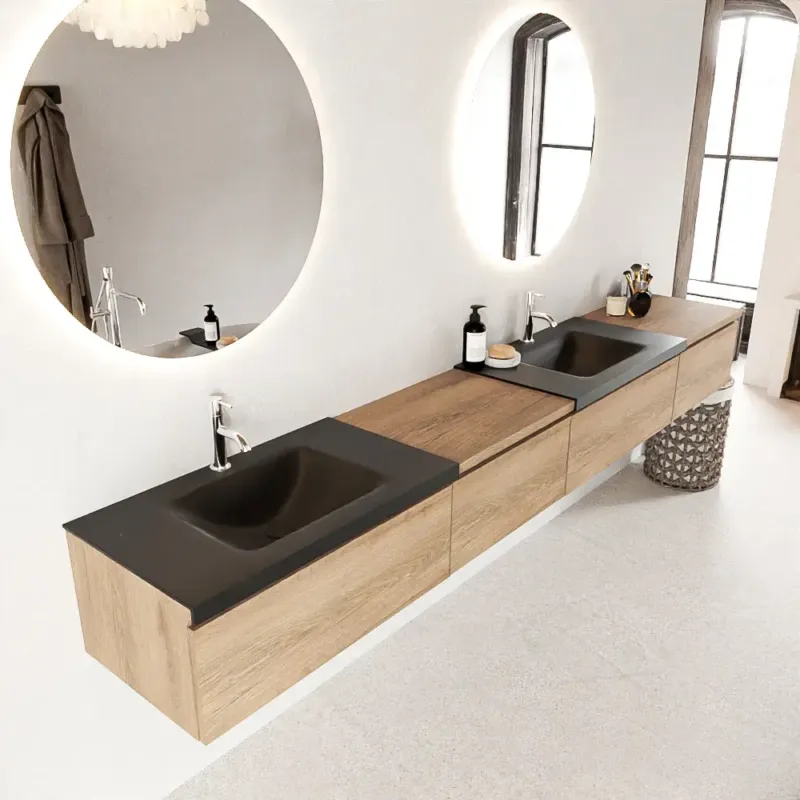 Koop Online Mondiaz Bukla 280cm badmeubel met module 60 links Washed Oak met 4 lades wastafel Cloud dubbel 2 kraangaten Urban