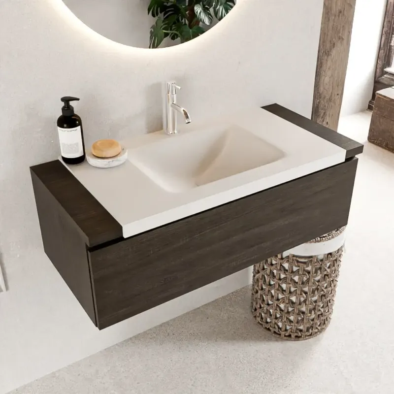 Mondiaz Bukla 100cm badmeubel onderkast Dark Brown met 1 lade wastafel Cloud midden 1 kraangat Talc Beste Prijs