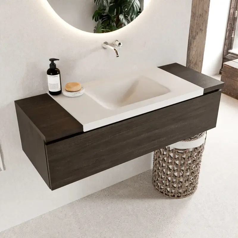 Mondiaz Bukla 120cm badmeubel onderkast Dark Brown met 1 lade wastafel Cloud midden 0 kraangaten Talc Actieprijs