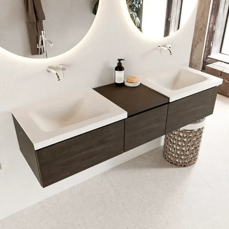 Voordeelprijs Mondiaz Bukla 160cm badmeubel met module 40 Dark Brown met 3 lades wastafel Cloud dubbel 0 kraangaten Talc