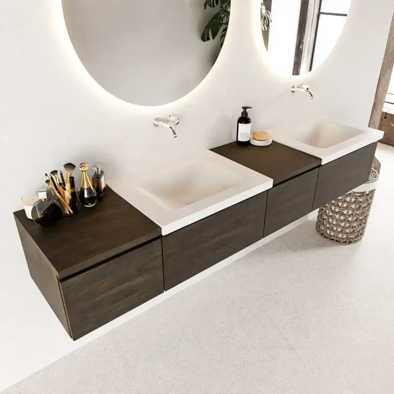 Voordeelprijs Mondiaz Bukla 200cm badmeubel met module 40 rechts Dark Brown met 4 lades wastafel Cloud dubbel 0 kraangaten Talc