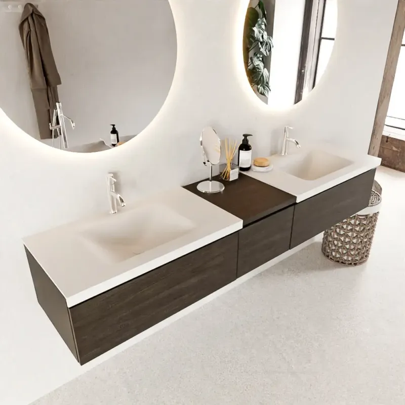 Mondiaz Bukla 200cm badmeubel met module 40 Dark Brown met 3 lades wastafel Cloud dubbel 2 kraangaten Talc Premium