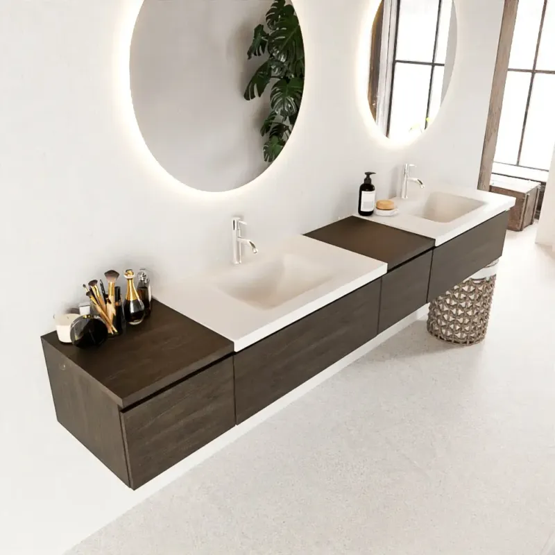 Mondiaz Bukla 240cm badmeubel met module 40 rechts Dark Brown met 4 lades wastafel Cloud dubbel 2 kraangaten Talc Beperkt Aanbod