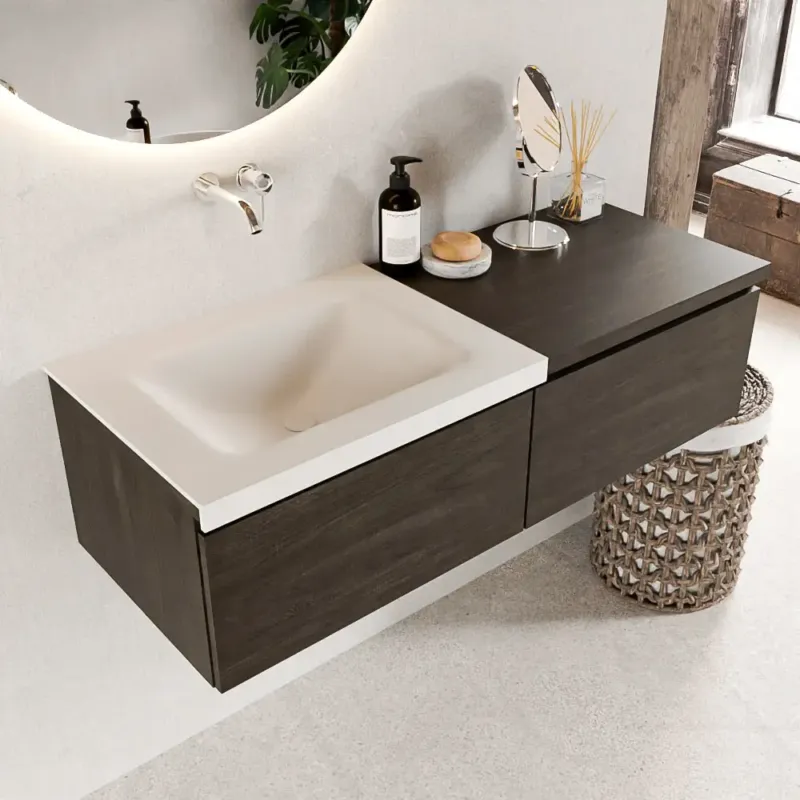 Betrouwbaar Mondiaz Bukla 120cm badmeubel met module 60 Dark Brown met 2 lades wastafel Cloud links 0 kraangaten Talc