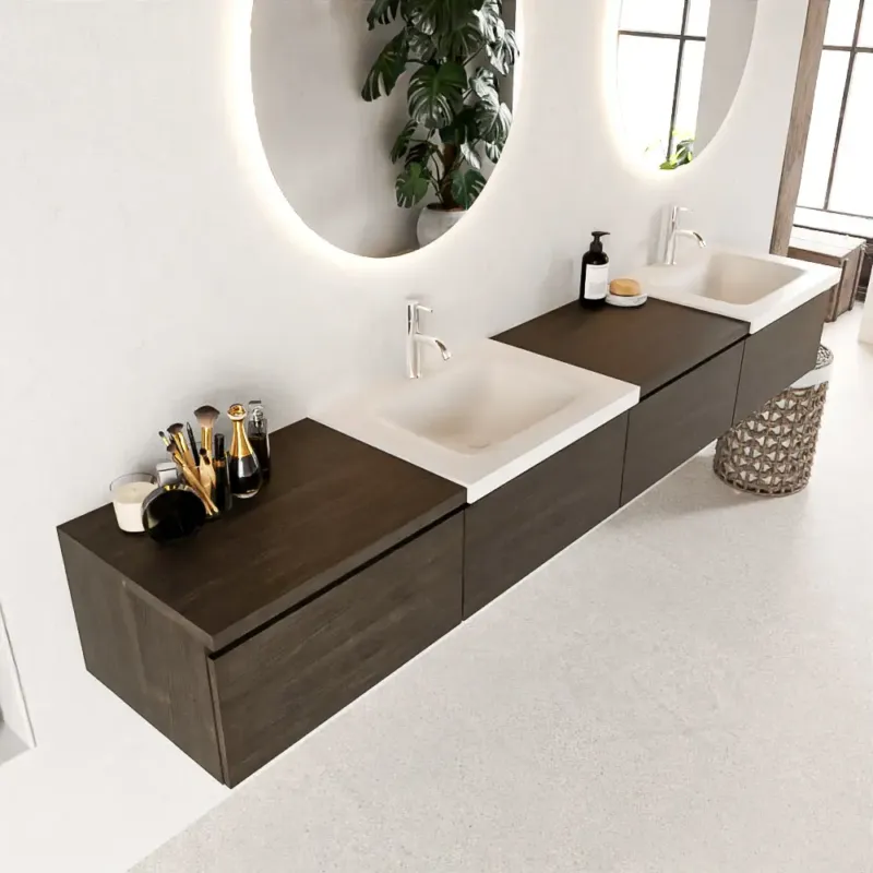 Voordeelprijs Mondiaz Bukla 240cm badmeubel met module 60 links Dark Brown met 4 lades wastafel Cloud dubbel 2 kraangaten Talc