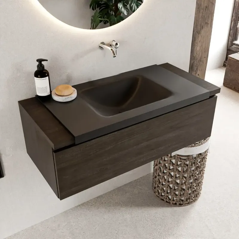 Mondiaz Bukla 100cm badmeubel onderkast Dark Brown met 1 lade wastafel Cloud midden 0 kraangaten Urban Must-Have