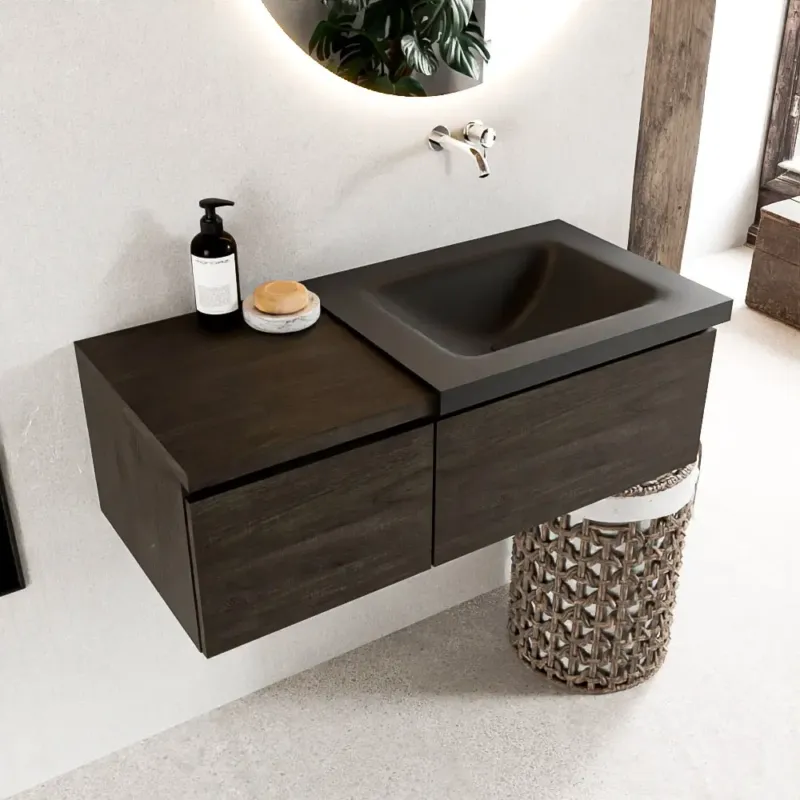 Beperkte Voorraad Mondiaz Bukla 100cm badmeubel met module 40 Dark Brown met 2 lades wastafel Cloud rechts 0 kraangaten Urban