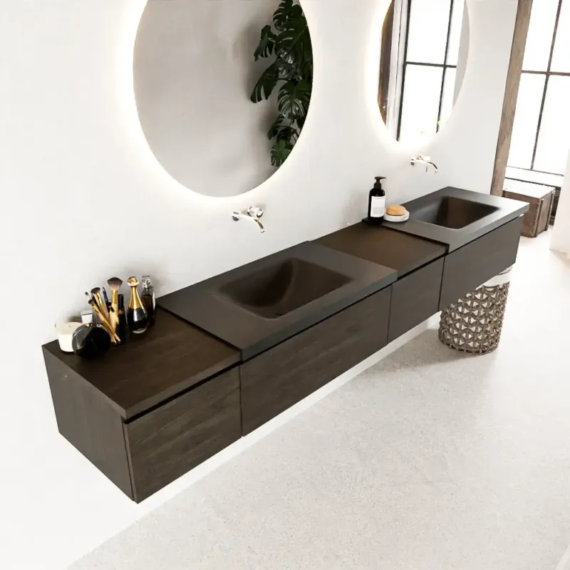 Voordeelprijs Mondiaz Bukla 240cm badmeubel met module 40 rechts Dark Brown met 4 lades wastafel Cloud dubbel 0 kraangaten Urban
