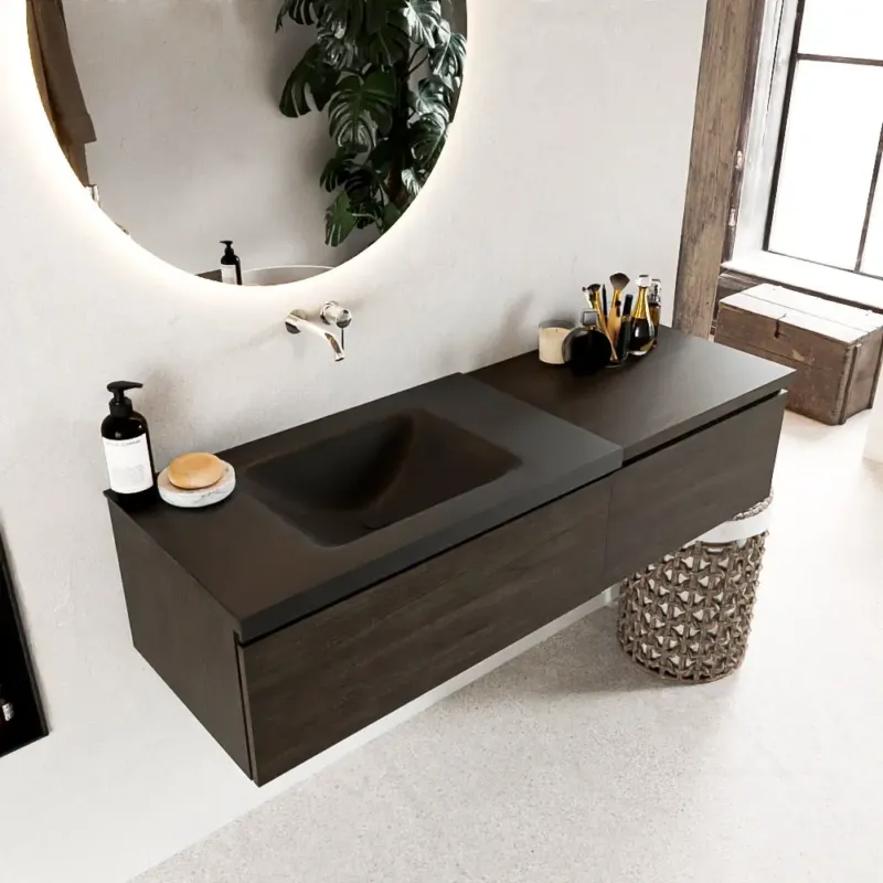 Tijdelijk Beschikbaar Mondiaz Bukla 140cm badmeubel met module 60 Dark Brown met 2 lades wastafel Cloud links 0 kraangaten Urban