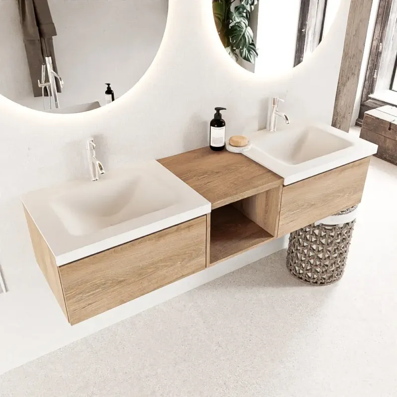 Aanbieding Mondiaz Bukla 160cm badmeubel met open module 40 Washed Oak met 2 lades wastafel Cloud dubbel 2 kraangaten Talc