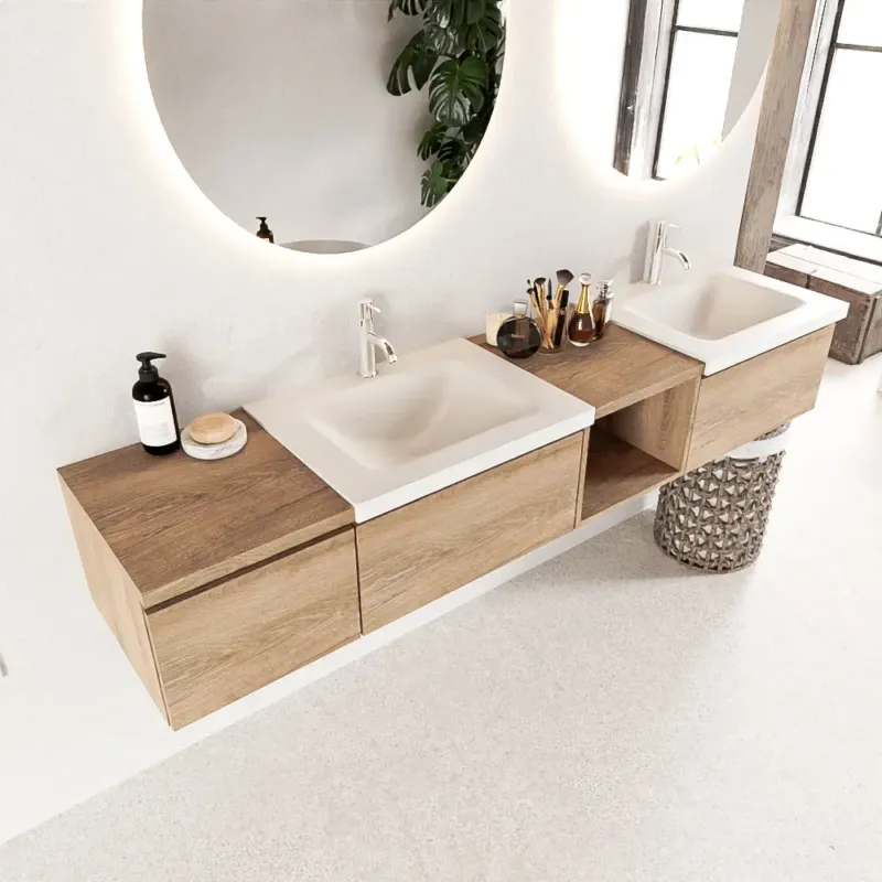 Aanbieding Mondiaz Bukla 200cm badmeubel met open module 40 rechts Washed Oak met 3 lades wastafel Cloud dubbel 2 kraangaten Talc