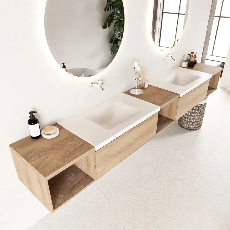 Veilige Betaling Mondiaz Bukla 280cm badmeubel met open module 40 L+M+R Washed Oak met 2 lades wastafel Cloud dubbel 0 kraangaten Talc